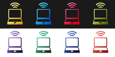 Poster - Set Laptop and free wi-fi wireless connection icon isolated on black and white background. Wireless technology, wi-fi connection, wireless network. Vector.