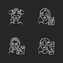 Sticker - Women beauty procedures chalk white icons set on black background. Facial and chin exercises. Skincare routine products. Face cosmetics. Makeup. Face yoga. Isolated vector chalkboard illustrations