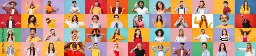 Photo set collage of faces of multiethnic diverse emotional people, men and women group different ages wearing casual clothes isolated on colorful background studio portraits. Human facial expressions - obrazy, fototapety, plakaty 