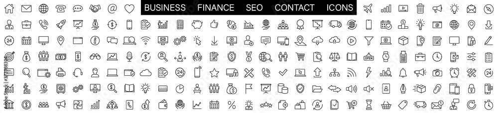 Thin line icons big set. Icons Business Office Finance Marketing Shopping SEO Contact. - obrazy, fototapety, plakaty 