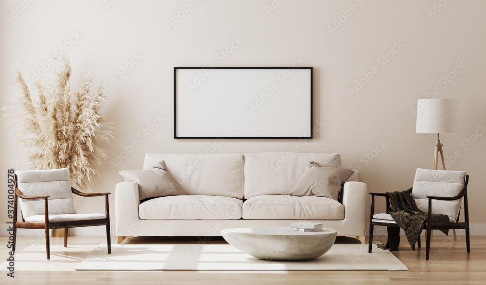 Blank picture frame mock up in beige room interior , 3d rendering - obrazy, fototapety, plakaty 