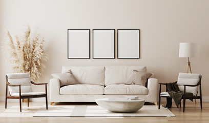 Wall Mural - Blank poster frames mock up in beige room interior , 3d rendering