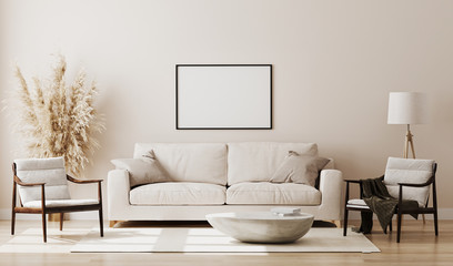 Wall Mural - blank picture frame mock up in beige room interior , 3d rendering