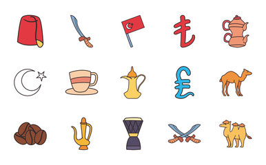 Sticker - Turkish line and fill style set of icons vector design