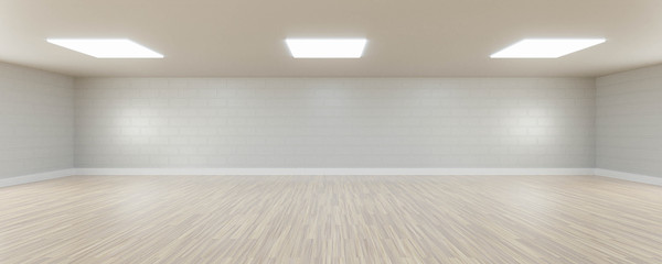 Poster - Empty white wall and wooden floor copy space background 3d render illustration