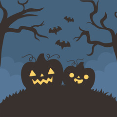 Canvas Print - happy halloween, pumpkins flying bats tree night trick or treat party celebration