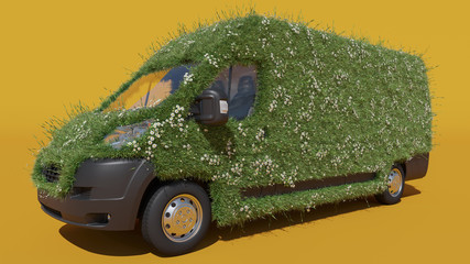 Wall Mural - Delivery Van Covered with Grass and Daisies on Yellow Background 3D Rendering