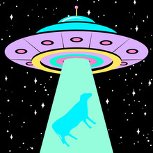 UFO Poster Or Banner. Unidentified Flying Object And Cow. Vector Illustration For Sticker Or Web.