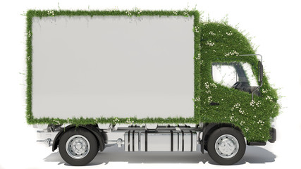 Wall Mural - Side View of a Box Truck with a Passenger Cabin Covered with Grass and Daisies 3D Rendering