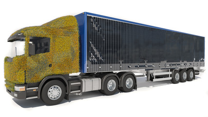 Wall Mural - Semi Trailer Truck Covered with Wildflowers and Solar Panels on White Background 3D Rendering