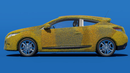 Wall Mural - Side View of a Luxury Car Covered in Flowers on Blue Background 3D Rendering