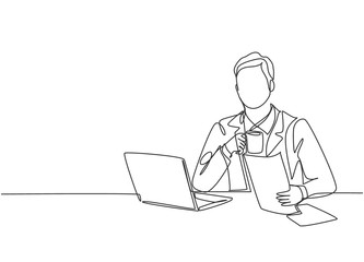Aufkleber - One continuous line drawing of young happy manager reading annual report from public accounting firm while holding a mug of coffee. Drinking coffee or tea concept graphic design vector illustration