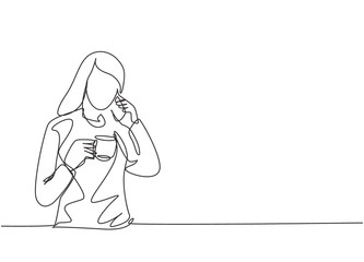Poster - One single line drawing of young female office employee calling her work partner while holding a cup of coffee drink. Drinking tea concept continuous line draw graphic design vector illustration