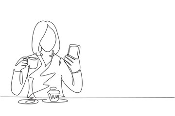 Poster - one continuous line drawing of young female college student take a selfie while order a cup of coffe