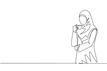 Poster - one continuous line drawing of young muslimah businesswoman thinking business ideas while holding a 