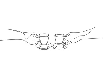 Poster - one single line drawing of young male and female couple enjoying a cup of coffee together at coffee 