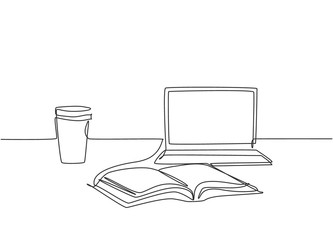 Poster - Single continuous line drawing of computer laptop, paper cup of coffee and open book on study table. College student study desk concept. One line draw design illustration