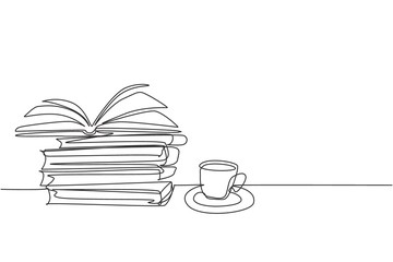 Poster - one single line drawing of opened page book with a cup of hot black espresso coffee at school librar