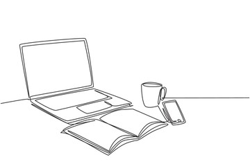 Fototapete - One single line drawing of computer laptop, smartphone and a cup of coffee and at business office desk. Work space table concept. Continuous line draw graphic design vector illustration