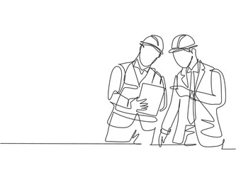 Poster - one single line drawing of young construction manager giving instruction to foreman coordinator. bui