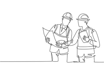 Poster - one single line drawing of young architect and engineer discussing building construction blueprint d