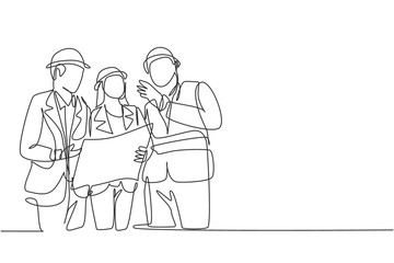 Poster - single continuous line drawing of young architect discussing construction design with foreman manage