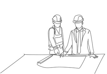 Poster - one single line drawing of young architect explaining sketch construction design to the manager. bui