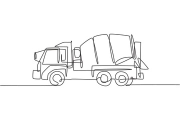 Poster - One single line drawing of truck mixer for mobile mixing cement vector illustration, commercial vehicle. Heavy machines vehicles construction concept. Modern continuous line graphic draw design