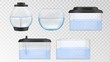 Realistic glass aquarium vector set. Fishbowl with water isolated on transparent background. Different forms of glass aquarium. Illustration objects