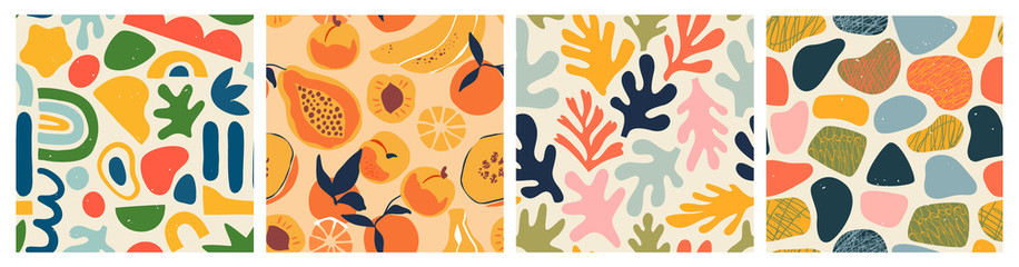 Wall Mural - Abstract seamless pattern bundle with natural shapes, random freehand matisse wallpaper collection. Trendy fashion background includes modern minimalist art, tropical fruit and exotic summer doodles. 