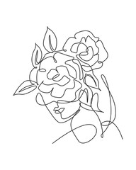Wall Mural - single continuous line drawing pretty woman face with flowers. nature beauty botanical print concept