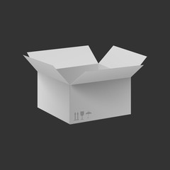 Side view open white box container realistic vector mockup illustration isolated.