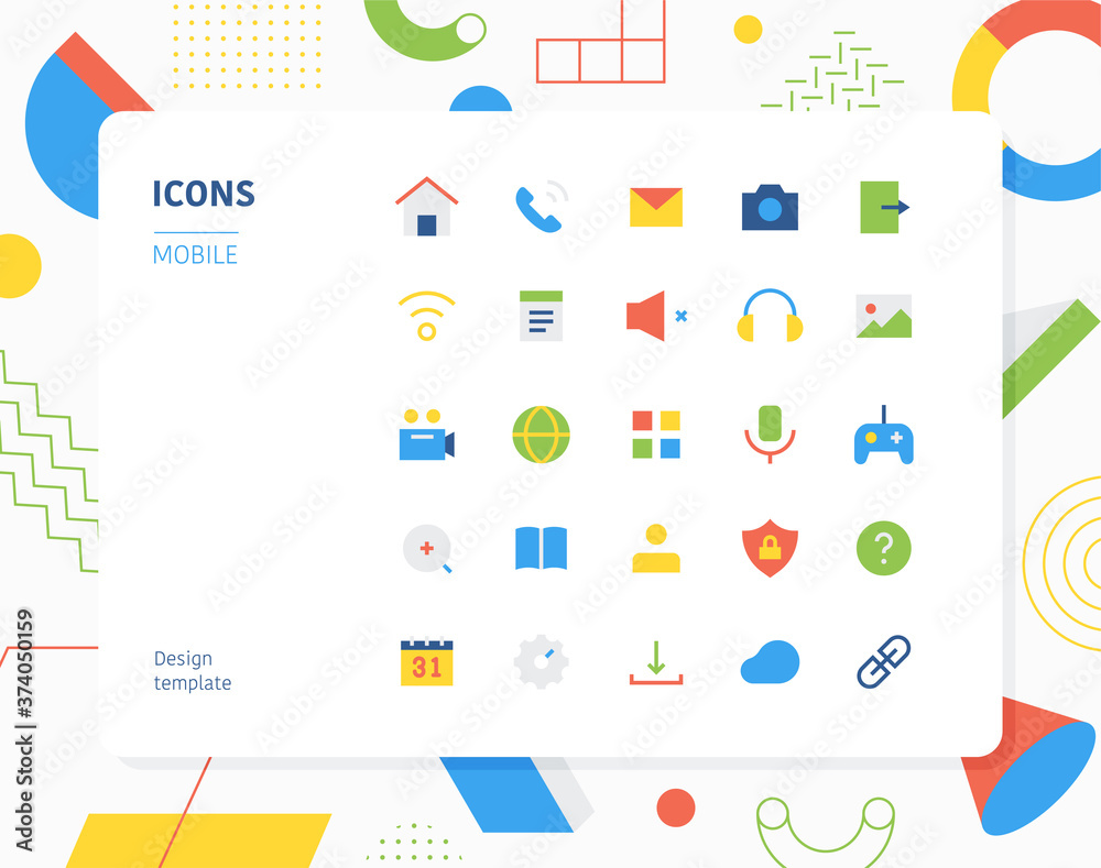 Mobile app color icon set design template. flat design style minimal ...