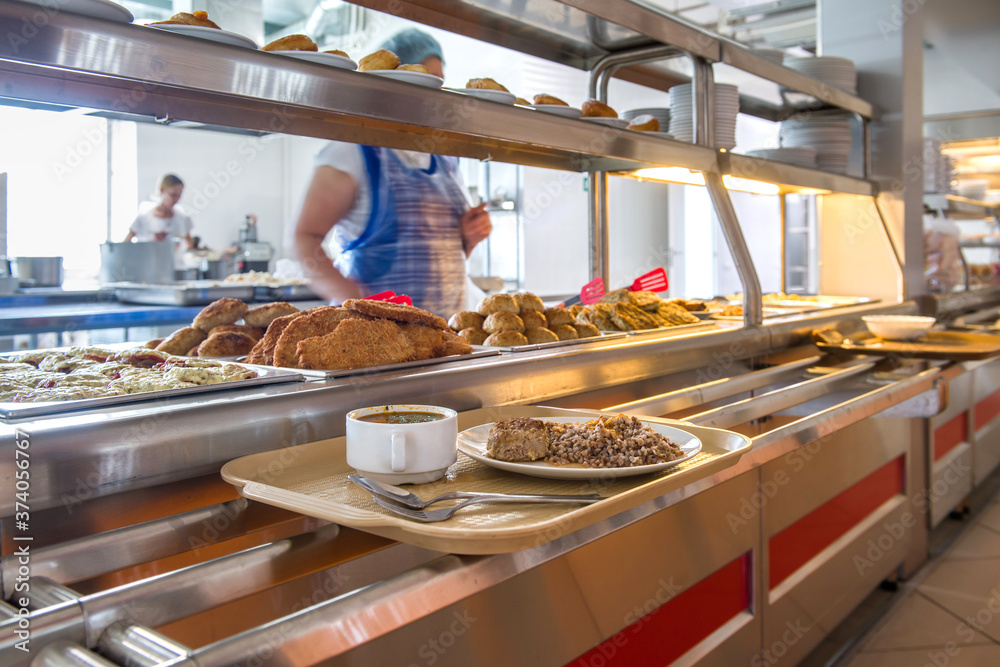 Self Service Table Design Self-service cafe. Distribution table. Stock Photo | Adobe Stock