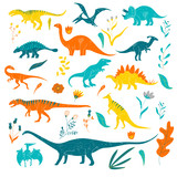 Fototapeta Dinusie - Stylized Funny Dinosaurs or Reptile with Floral Elements Vector Set