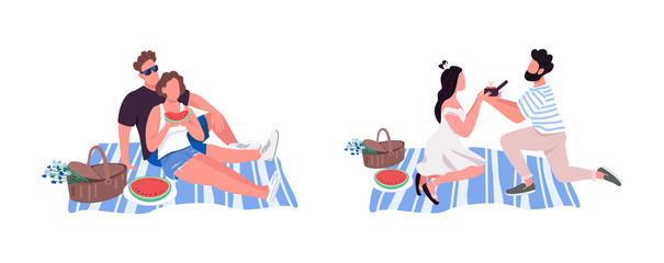 Poster - Picnic flat color vector faceless character set. Leisure activity for two people. Propose marriage. Outdoor recreation isolated cartoon illustration for web graphic design and animation collection