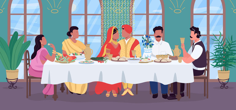 Indian wedding flat color vector illustration. Groom and bride at festive table. Traditional banquet. Celebrate with relatives. Marriage 2D cartoon characters with home interior on background