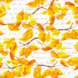 © zzorik - Yellow autumn leaves, abstract branches. Seamless forest backdrop with I love you hand written text in different languages. Watercolour