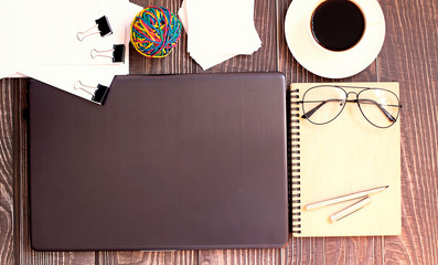 Poster - top view of an office desk with laptop and documents