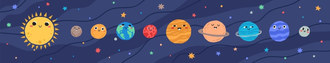 Wall Mural - funny childish planets in row vector flat illustration. cute celestial bodies with smiling faces in 