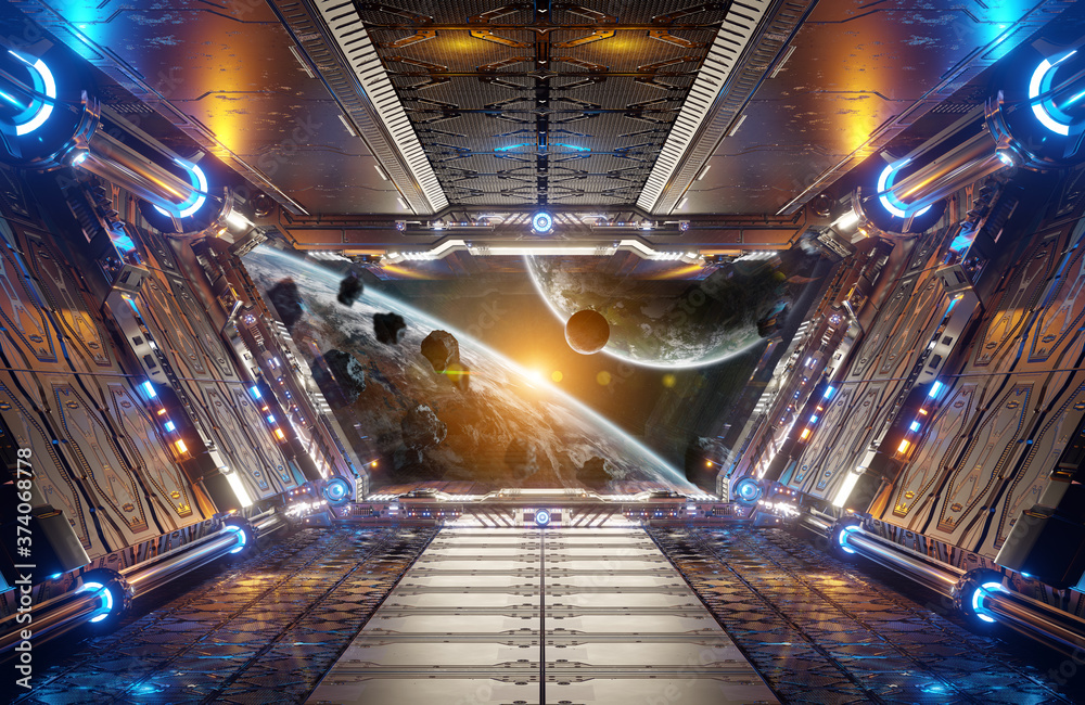 Orange and blue futuristic spaceship interior with window view on ...