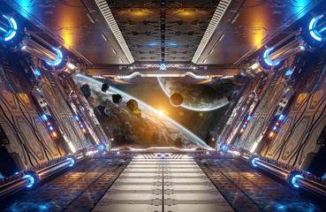 Aufkleber - Orange and blue futuristic spaceship interior with window view on distant planets system 3d rendering