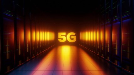 Wall Mural - 5g network and data servers in a dark server room. forward dolly shot ending in 5g text.