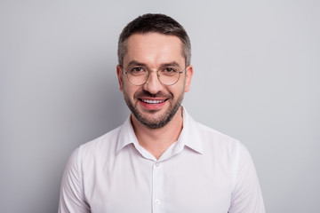 Close-up portrait of his he nice attractive cheerful cheery mature man scientist skilled experienced specialist expert shark wearing specs isolated over light gray pastel color background