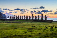 Moai Statues In The Rano Raraku Volcano In Easter Island, Rapa Nui National Park, Chile