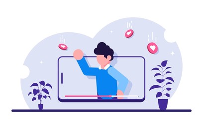 Poster - Online education. Video on mobile phone. Live broadcast or recording of a webinar for an educational course. Modern flat illustration.