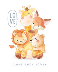 Wall Mural - Lovely Animals Hugging Each Other Cartoon Illustration
