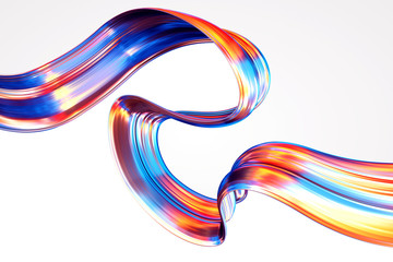 Twisted shape 3D render. Colorful glossy shapes in motion. Computer generated digital art for poster, flyer, banner background or design element. Isolated on white. 