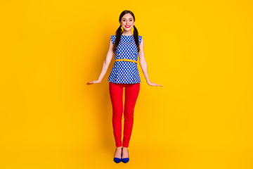 Canvas Print - Full length body size view of her she nice-looking attractive pretty lovely cheerful cheery modest fashionable feminine girl posing isolated bright vivid shine vibrant yellow color background