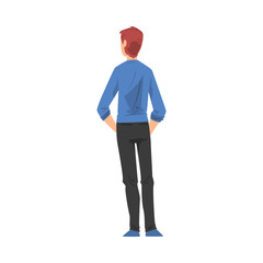 Wall Mural - Back View of Guy Standing with Hands in his Pockets, Young Man Viewed from Behind Wearing Casual Clothes and Looking at Something Cartoon Style Vector Illustration